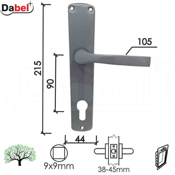Slika Kvaka šild za vrata DABEL CER siva 90/44/215/7/105/9 mm cilindar 0101899